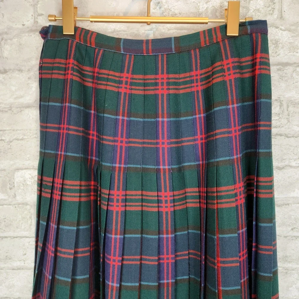 Aljean Skirt Vintage Plaid Pure Virgin Wool Pleated Kilt Midi Green Red 28W